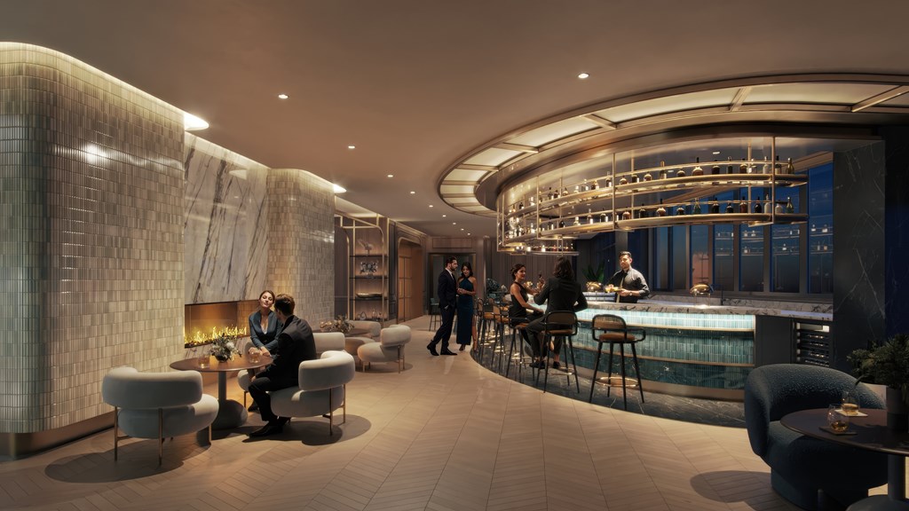 A group of people are sitting in a modern lounge area.