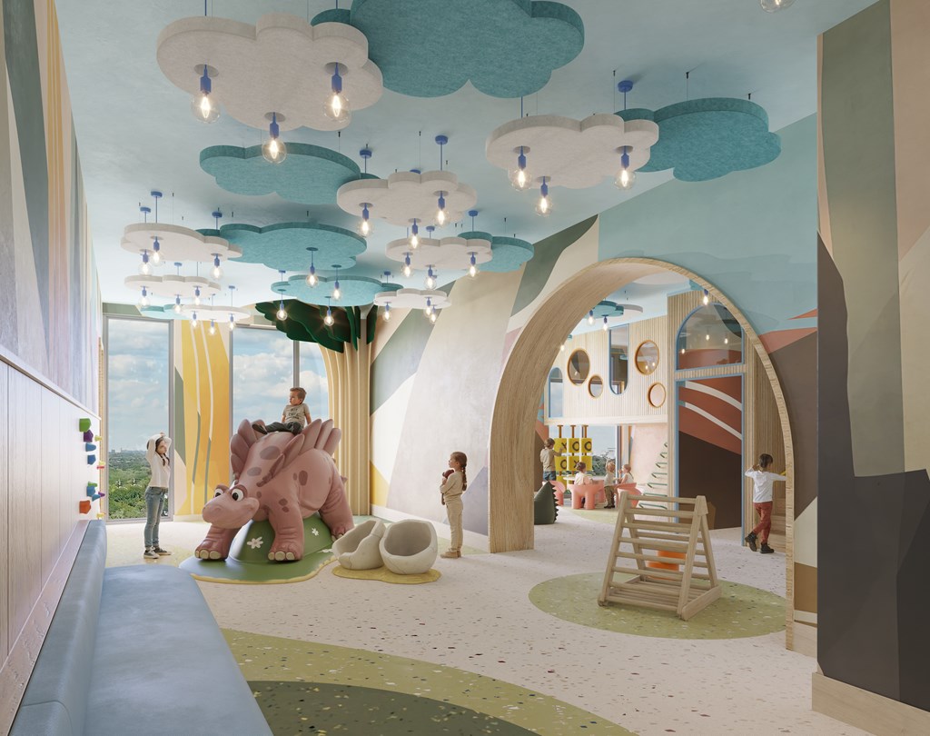 A child's play area with a slide, a rocking horse, and a person standing in the background.