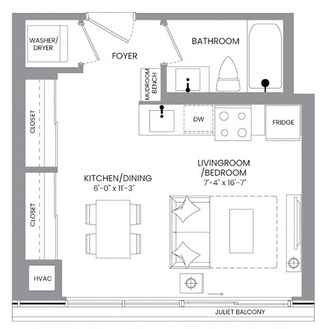 a floor plan of a small house with a bedroom and a bathroom