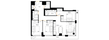 A floor plan of a house with a garage, living room, and kitchen.
