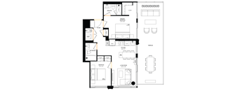 A floor plan of a house with a primary bedroom, bathroom, living room, and kitchen.