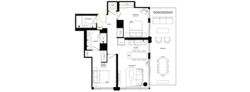 A floor plan of a house with a living room, kitchen, and multiple bathrooms.
