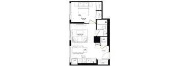 A floor plan of a house with a bedroom, living room, kitchen, and foyer.