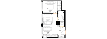 A floor plan of a house with a bedroom, living room, kitchen, and foyer.