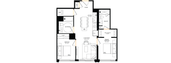 A floor plan of a house with a living room, kitchen, and two bedrooms.