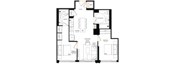 A floor plan of a house with a living room, kitchen, and two bedrooms.