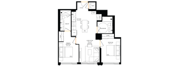 A floor plan of a house with a living room, kitchen, and two bedrooms.