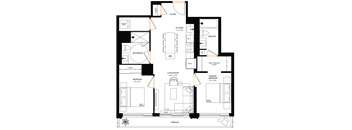 A floor plan of a house with a living room, two bedrooms, a bathroom, and a kitchen.