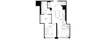 A floor plan of a house with a living room, kitchen, and two bedrooms.