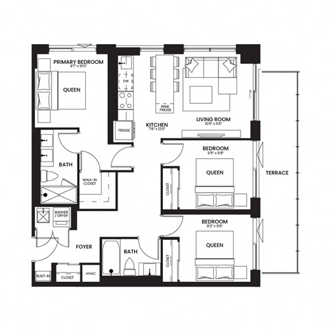 a floor plan of a house with bedrooms and a terrace