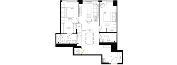 A floor plan of a house with a living room, two bedrooms, a kitchen, an en suite, a foyer, and a bathroom.