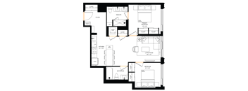 A floor plan of a house with a kitchen, living room, and two bedrooms.