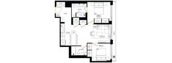 A floor plan of a house with a primary bedroom, living room, and kitchen.