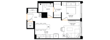A floor plan of a house with a kitchen, living room, and two bedrooms.
