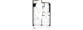 A floor plan of a house with a kitchen, living room, and bedrooms.