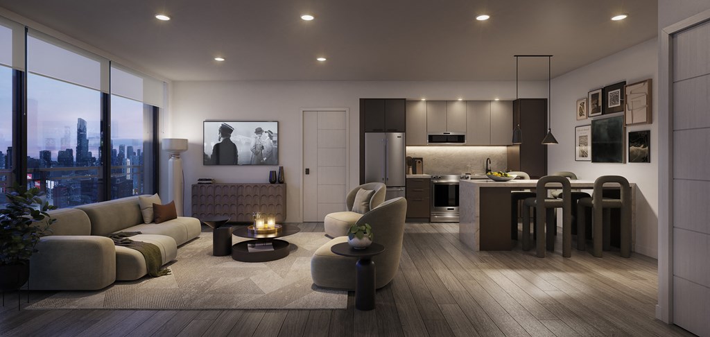 a rendering of a living room and kitchen in an apartment