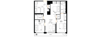 A floor plan of a house with a kitchen, living room, and bedrooms.