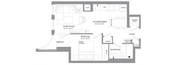 a floor plan of an apartment with a bedroom and a living room