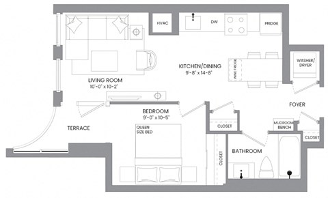 a floor plan of an apartment with a bedroom and a living room