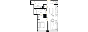 A floor plan of a house with a den, kitchen, living room, and two bedrooms.