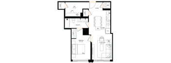 A floor plan of a house with a living room, kitchen, and two bedrooms.