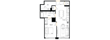 A floor plan of a house with a kitchen, living room, and two bedrooms.
