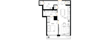 A floor plan of a house with a living room, kitchen, and bathrooms.