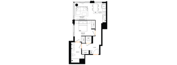 A floor plan of a house with a living room, kitchen, dining room, and two bathrooms.