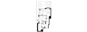 A floor plan of a house with a kitchen, living room, and bathrooms.
