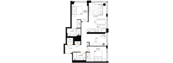 A floor plan of a house with a living room, kitchen, and multiple bathrooms.