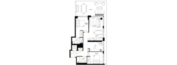 A floor plan of a house with a kitchen, living room, and bathroom.