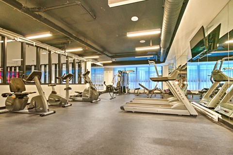 a gym with cardio equipment and weights on the floor