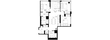 A floor plan of a house with a primary bedroom, bathroom, and kitchen.