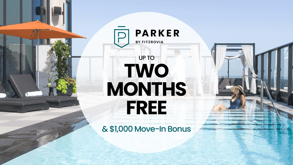 A woman relaxes by a pool with a sign offering two months free and a $1,000 move-in bonus.