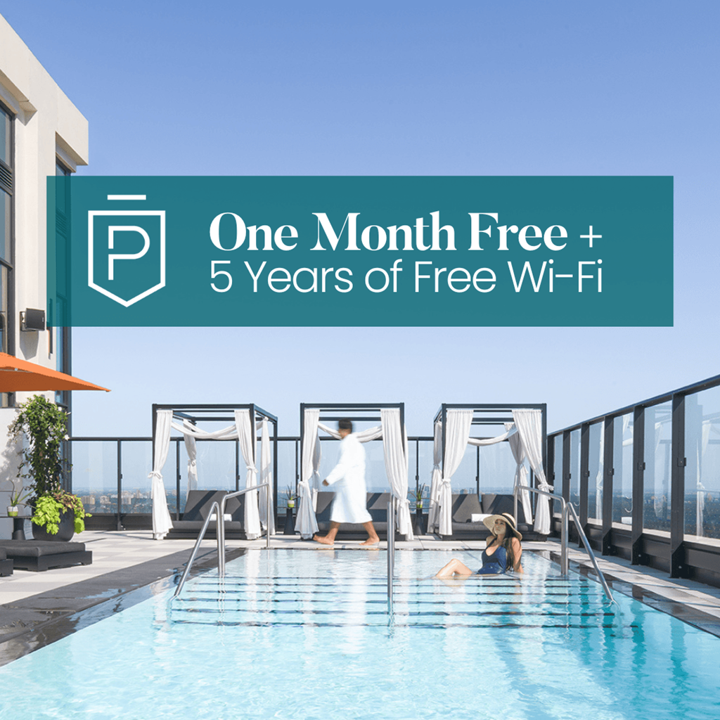 a woman in a pool with a one month free  5 years of free wifi