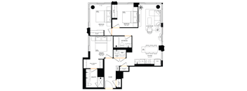 A floor plan of a house with labeled rooms such as "Bedroom," "Bathroom," and "Kitchen."