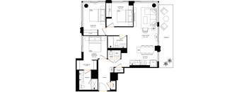 A floor plan of a house with a kitchen, living room, and multiple bathrooms.