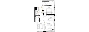 A floor plan of a house with a kitchen, living room, and bathroom.