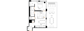 A floor plan of a house with a living room, kitchen, and bathrooms.