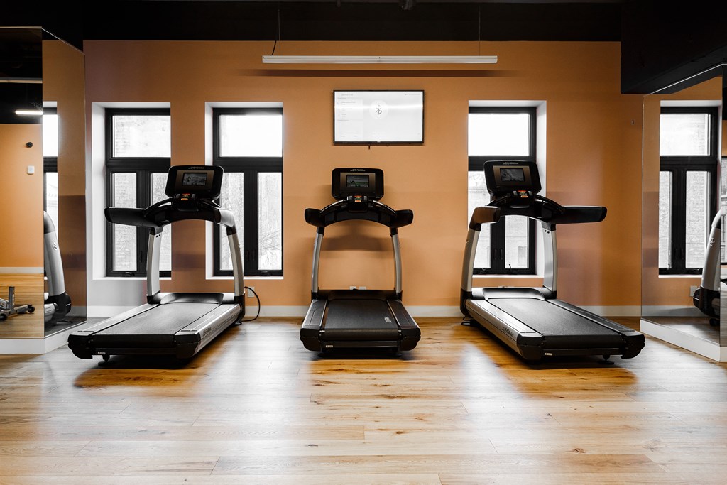 a row of treadmills in a gym with wood floors and windows