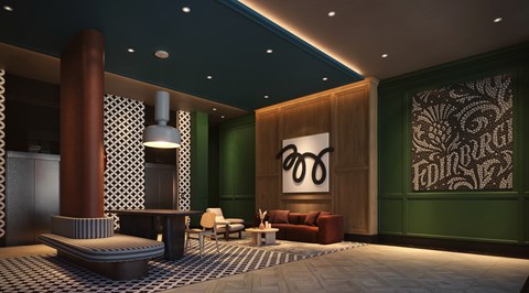 A modern living room with a black and white checkered floor.