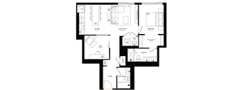 A floor plan of a house with a kitchen, living room, and bedrooms.