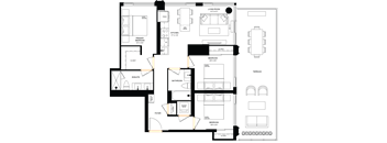 A floor plan of a house with labeled rooms such as "Kitchen," "Bathroom," and "Living Room."