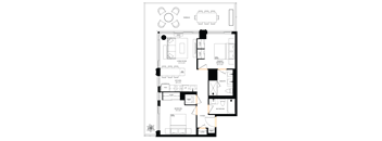 A floor plan of a house with a living room, kitchen, and bathroom.