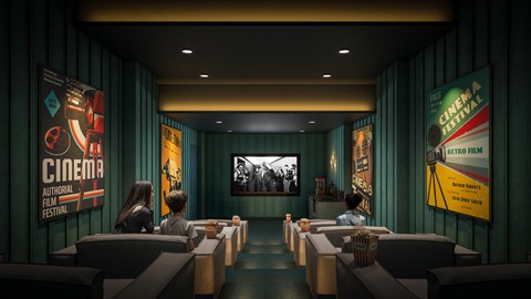 A cinema room with people sitting on the couch.