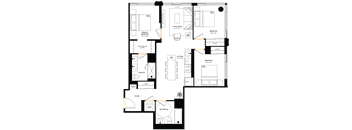 A floor plan of a house with a living room, two bedrooms, a bathroom, and a foyer.
