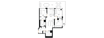A floor plan of a house with a garage, living room, kitchen, and bathrooms.