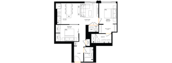 A floor plan of a house with a kitchen, living room, and multiple bedrooms.