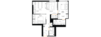 A floor plan of a house with a kitchen, living room, and multiple bedrooms.