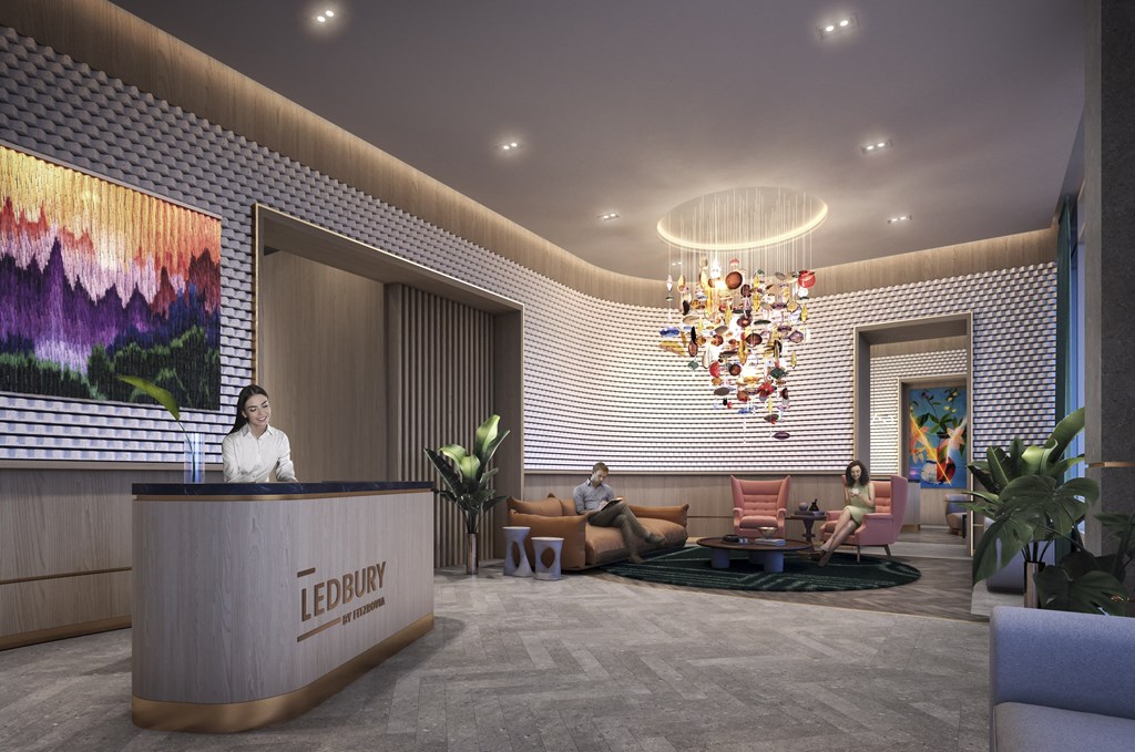 a rendering of a lobby with a reception desk and a chandelier